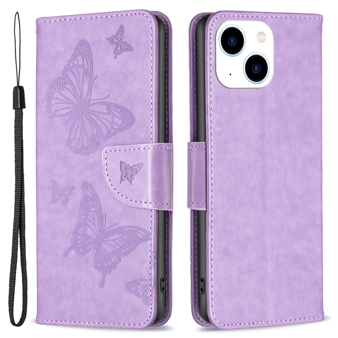 Uniqkart for iPhone 15 Foldable Stand Wallet Phone Flip Case Butterfly Imprinted Leather Cover with Strap - Purple Uniqkart for iPhone 15 Foldable Stand Wallet Phone Flip Case Butterfly Imprinted Leather Cover with Strap - Purple